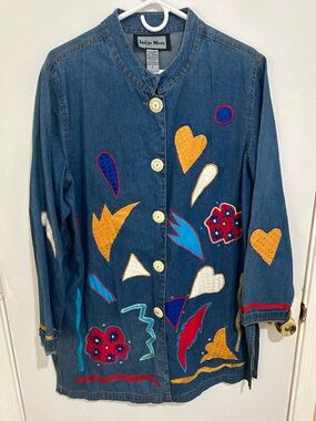 Indigo Moon Embroidered Shacket Size Large 100% Cotton Lagen Look Artsy Colorful